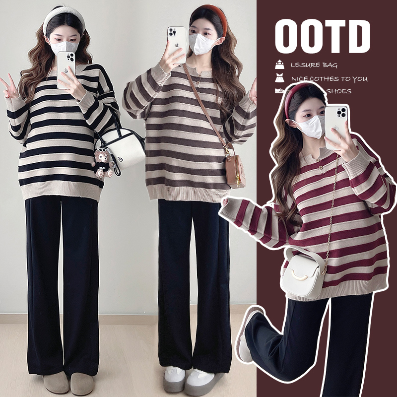 秋冬季新款孕妇针织衫百搭加厚条纹孕妇毛衣时尚宽松弹力孕妇上衣