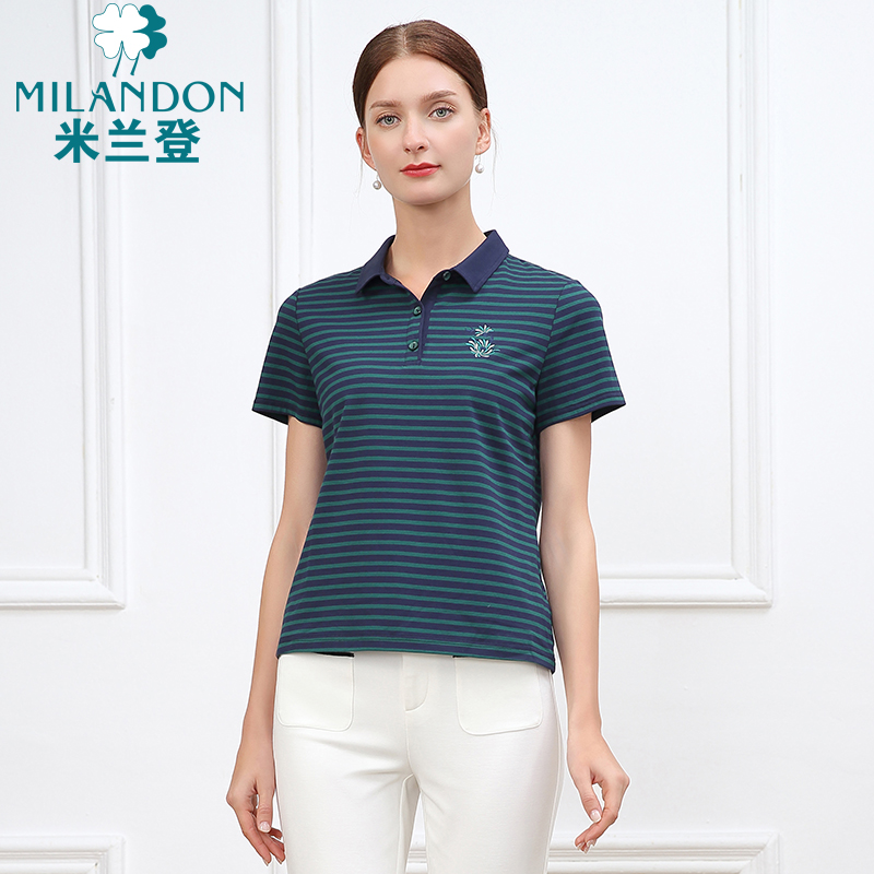 MILANDON/米兰登夏季新款POLO领条纹上衣休闲女装短袖T恤1N2T1104