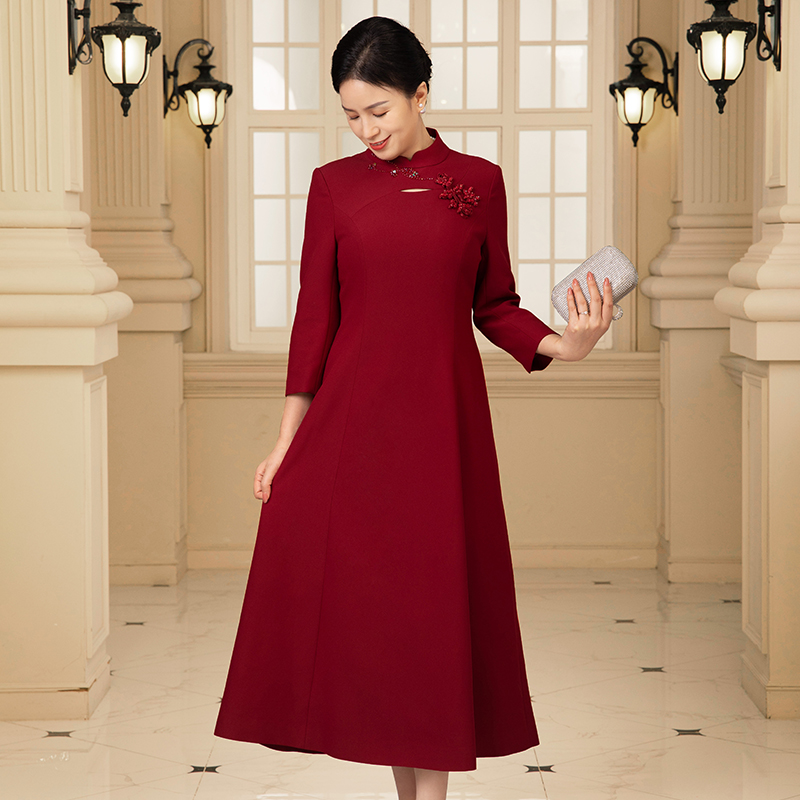 Rufei如翡宴会中长款婚礼酒红色新娘喜妈妈气质修身妈妈装婚宴装