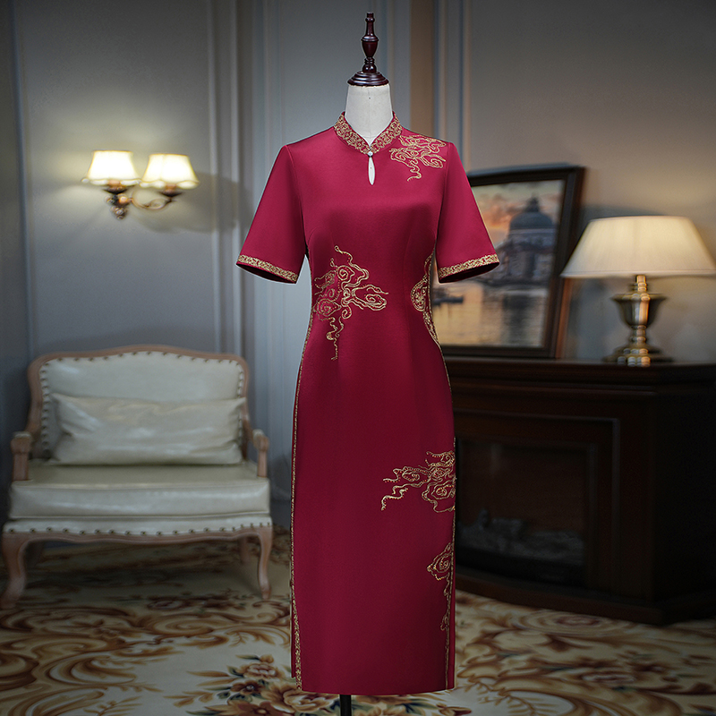 Rufei如翡 喜婆婆刺绣醋酸丝缎高端优雅婚宴长款旗袍礼服