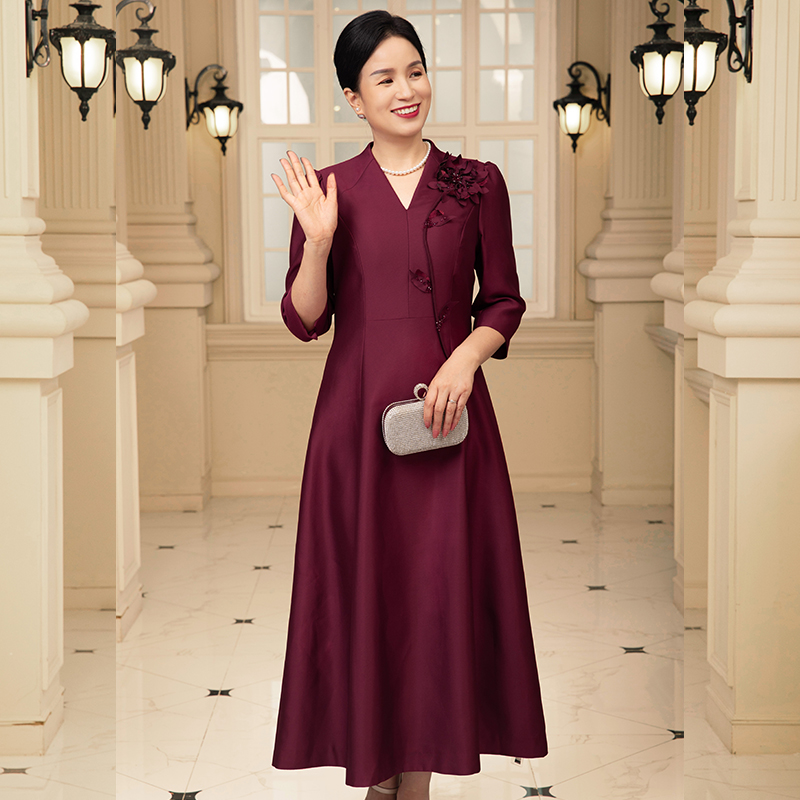 Rufei如翡高端长款妈妈装礼服高贵连衣裙新款洋气长裙显瘦喜服群