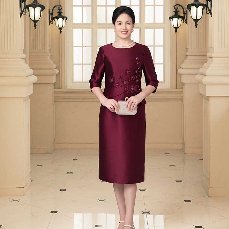 Rufei如翡 微胖妈妈气质喜婆婆婚宴装遮肚子秋季假两件连衣裙