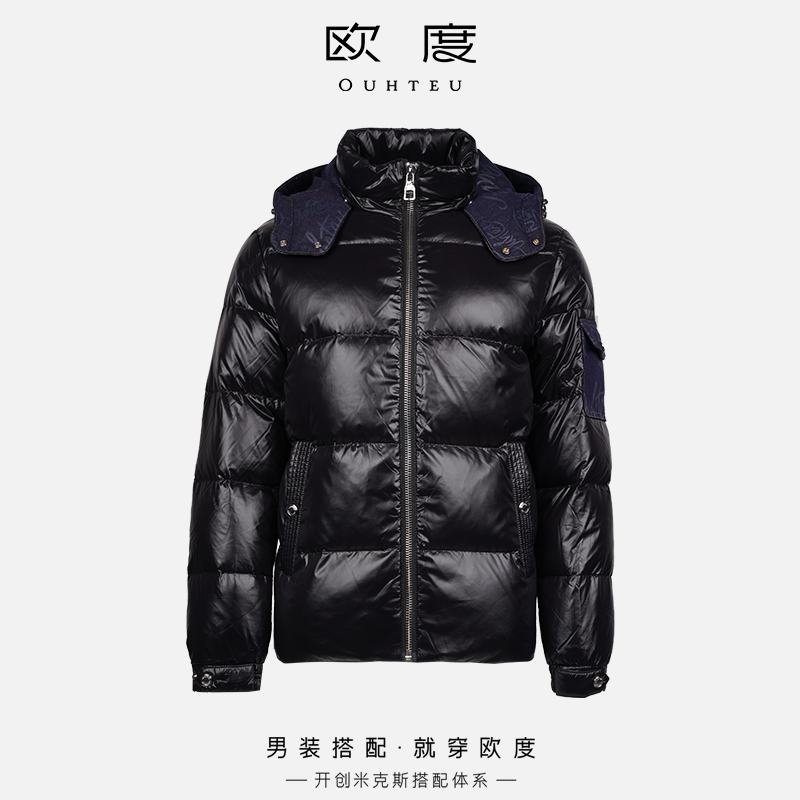 OUHTEU/欧度【大朵鸭绒】秋冬男款徽章连帽保暖羽绒服黑色7743