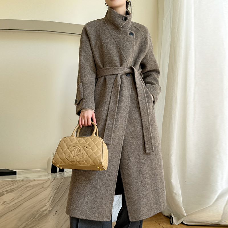  DL24-8韩系高定长款双面100羊毛大衣立领系带高级感冬季大衣外套