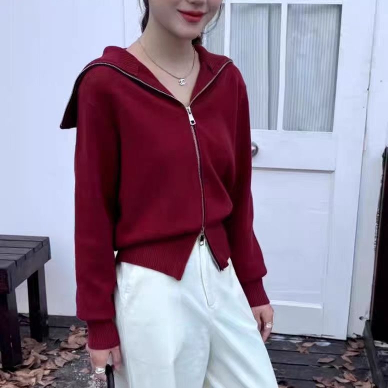 海军领红色毛衣女冬季新款时髦双拉链开衫上衣外穿宽松长袖针织衫