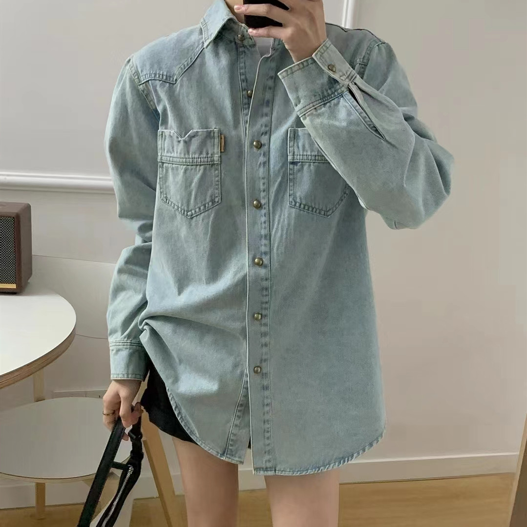 复古水洗牛仔衬衣女长袖春秋百搭宽松显瘦休闲叠穿打底衬衫上衣潮