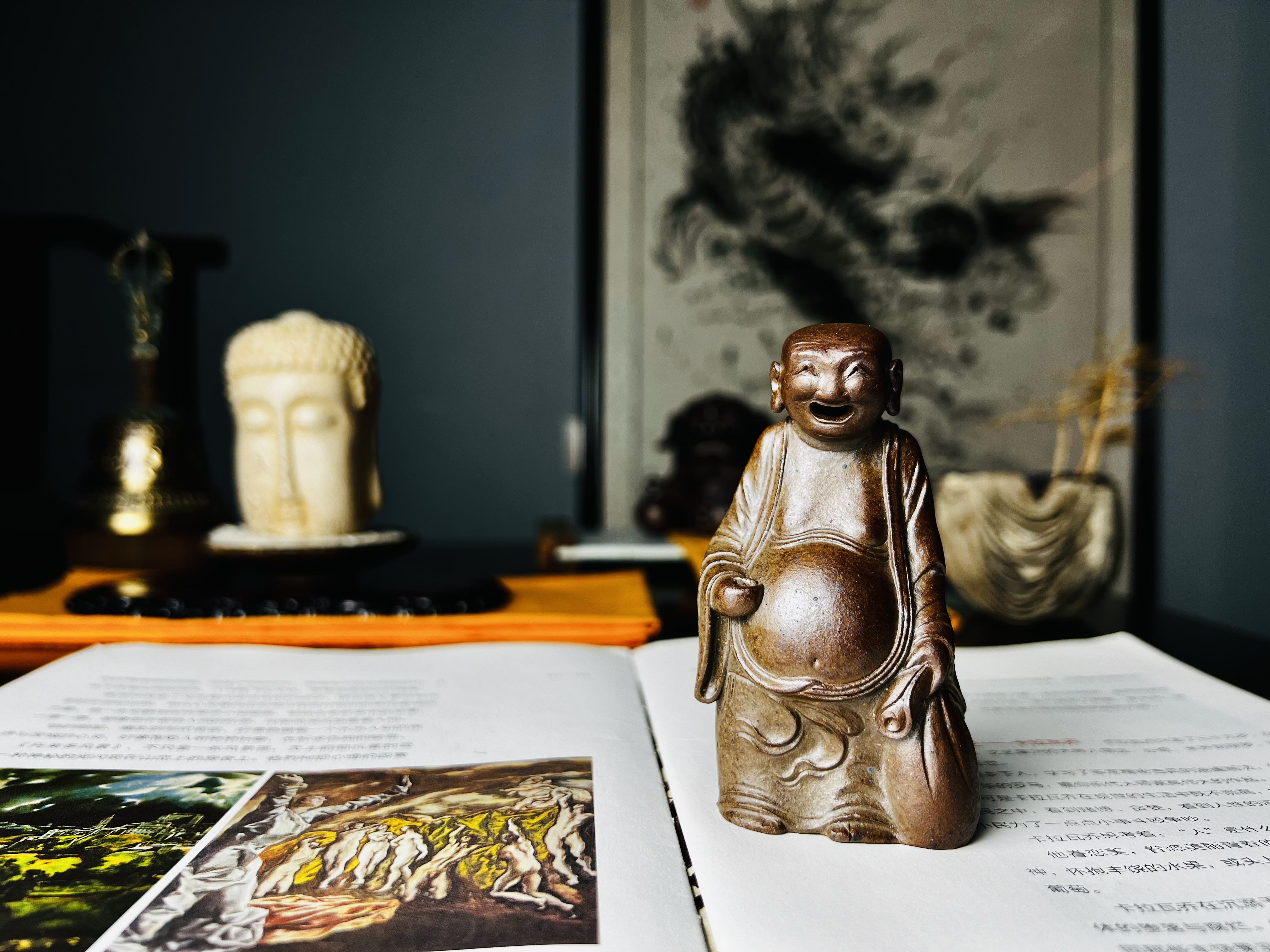 吴茂军紫砂茶宠布袋弥勒佛青段柴烧笑佛手刻签名和尚宜兴观物紫砂