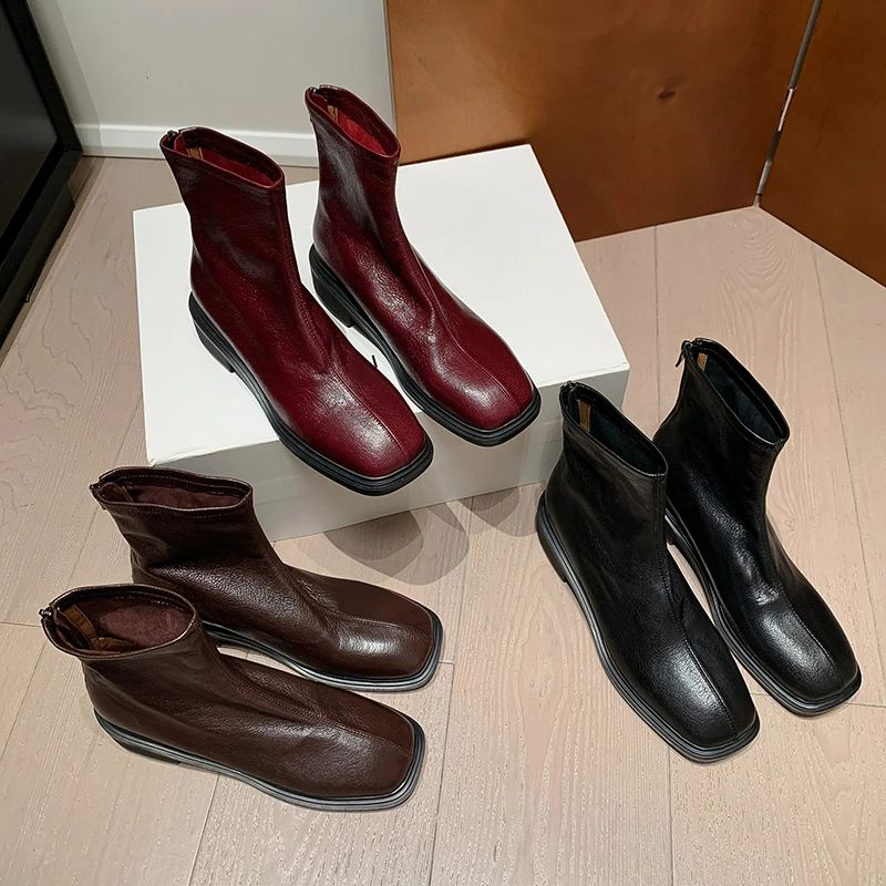 软面软底小羊皮复古粗跟短靴女秋冬新款方头中跟后拉链瘦瘦靴