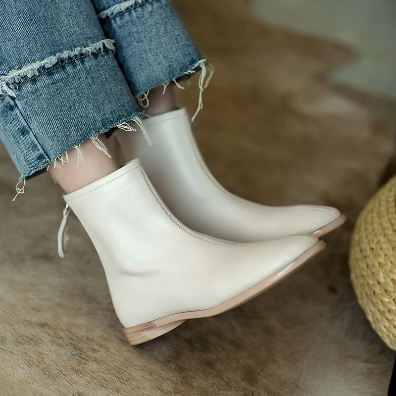 平底及踝靴短靴女2024新款秋冬季百搭简约小方头后拉链切尔西靴子