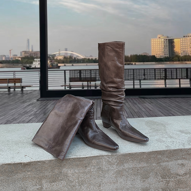 【舒舒】高筒长靴女真皮尖头小猫跟骑士靴显瘦不过膝褶皱堆堆靴女
