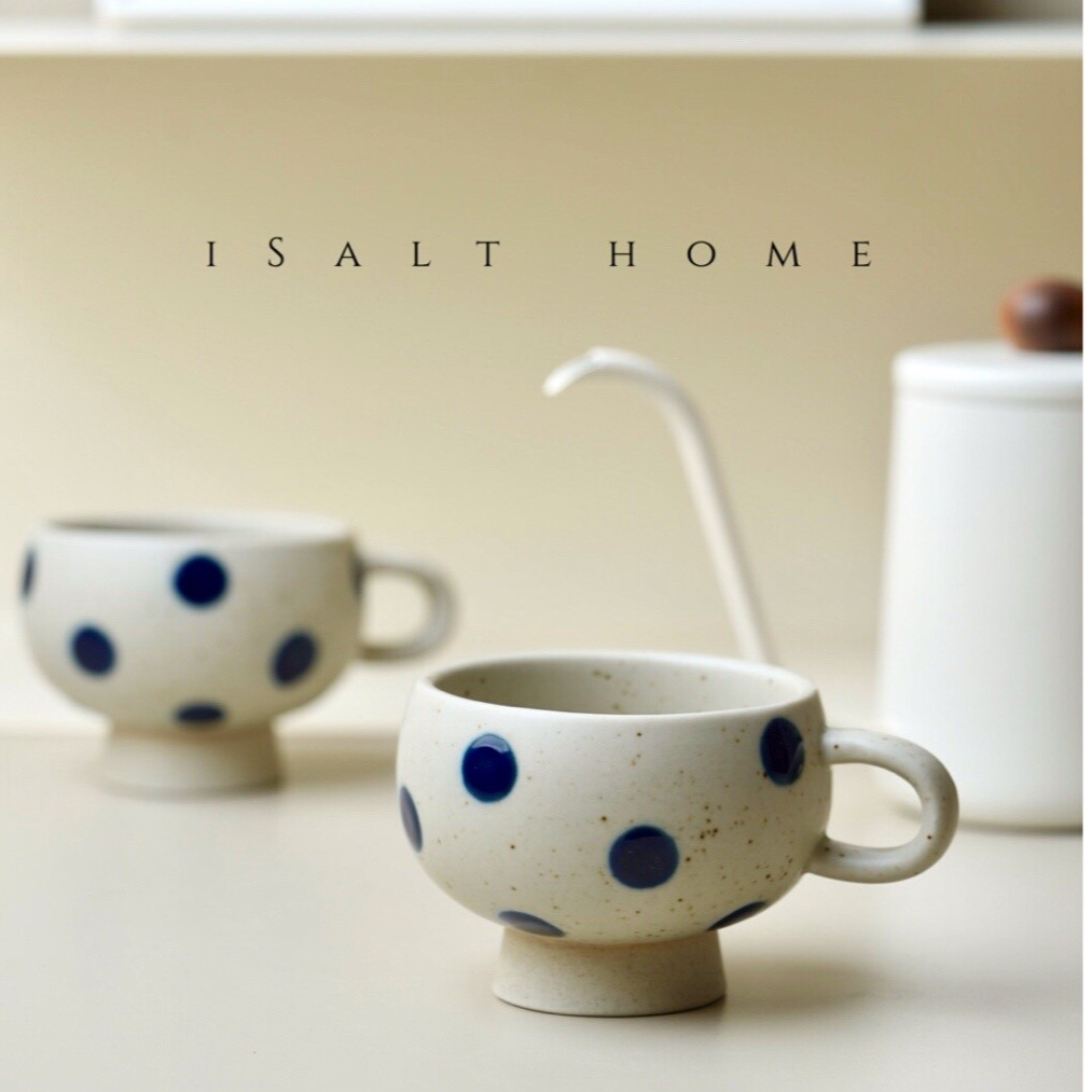 出丹麦手绘高足蓝宝石波点蛋杯茶杯咖啡杯拉花杯可爱家用创意复古