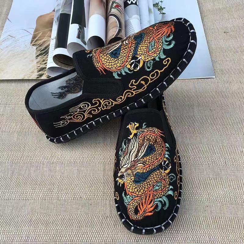 46码老北京一脚蹬布鞋男中国风社会人色鬼脸谱印花手工布鞋子