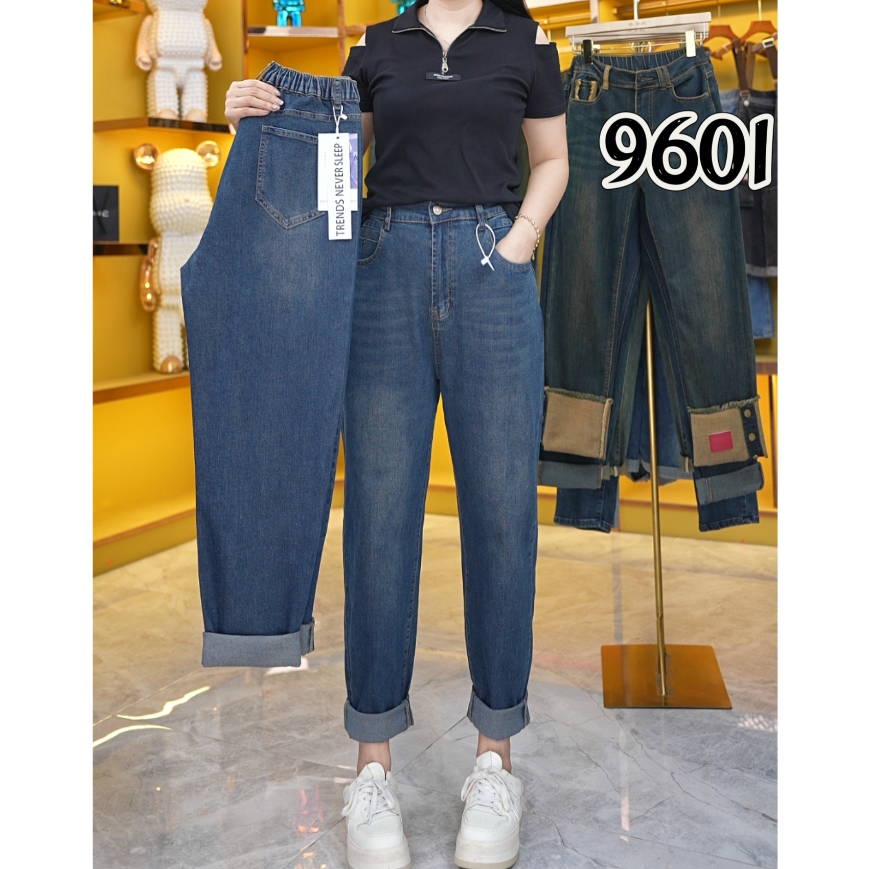 松紧弹力腰围哈伦裤女 2024秋季新款宽松显瘦卷边牛仔裤