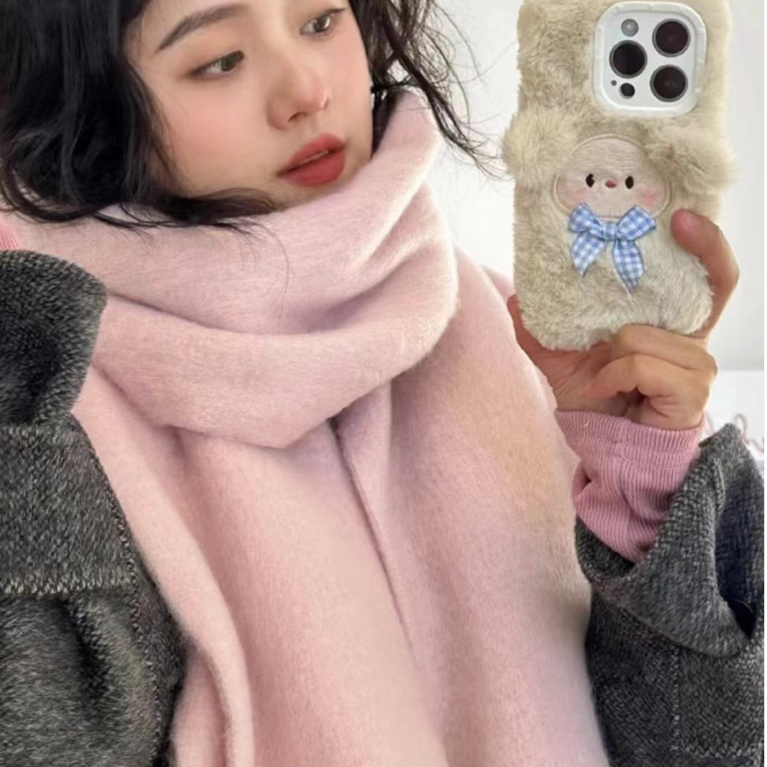 冬季高级感围巾女秋冬绒手感粉色保暖流苏刷毛大围巾女纯色百搭