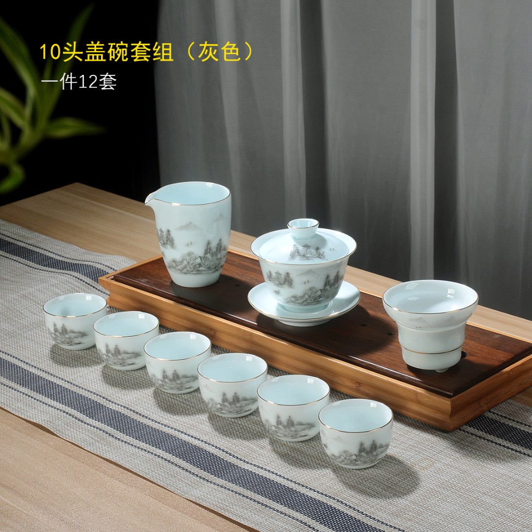 御凡功夫手工茶具套装羊脂玉茶具中式灰色家用高档白瓷德化玉瓷