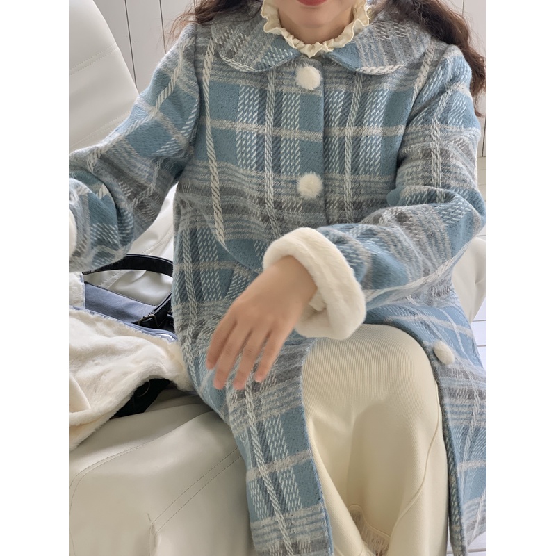 嘿山姥姥国风斜襟盘扣马甲可拆保暖夹棉蓝色格纹娃娃领拼接大衣