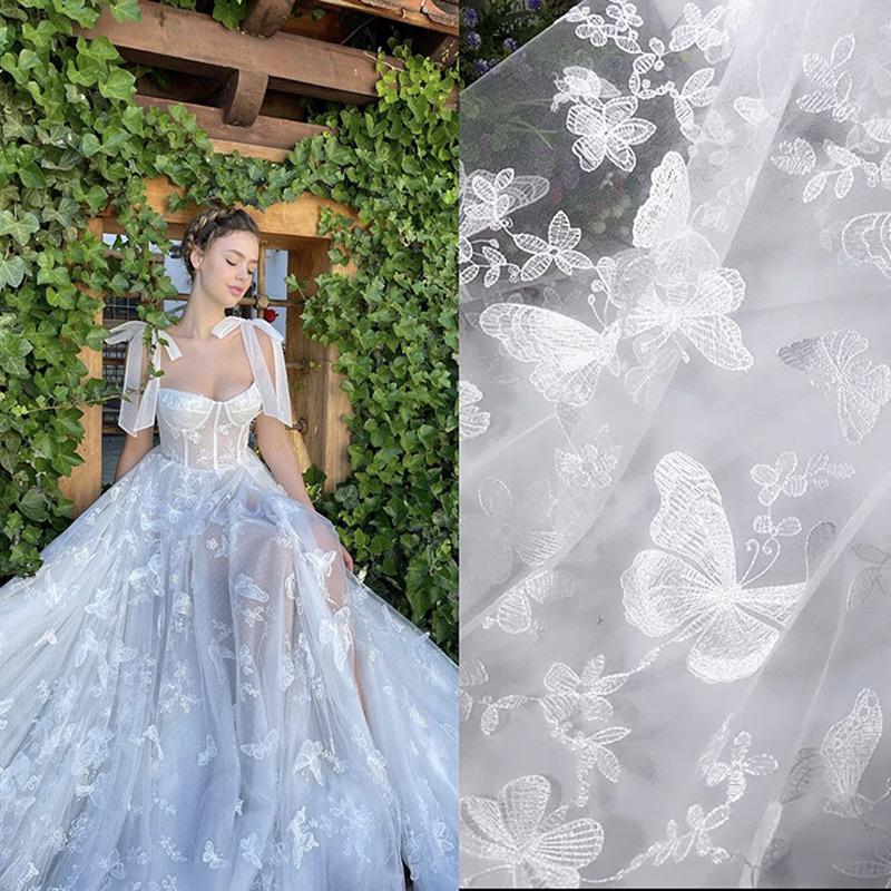 白色立体刺绣蝴蝶飞飞绣花蕾丝面料婚纱礼服头纱布料3米