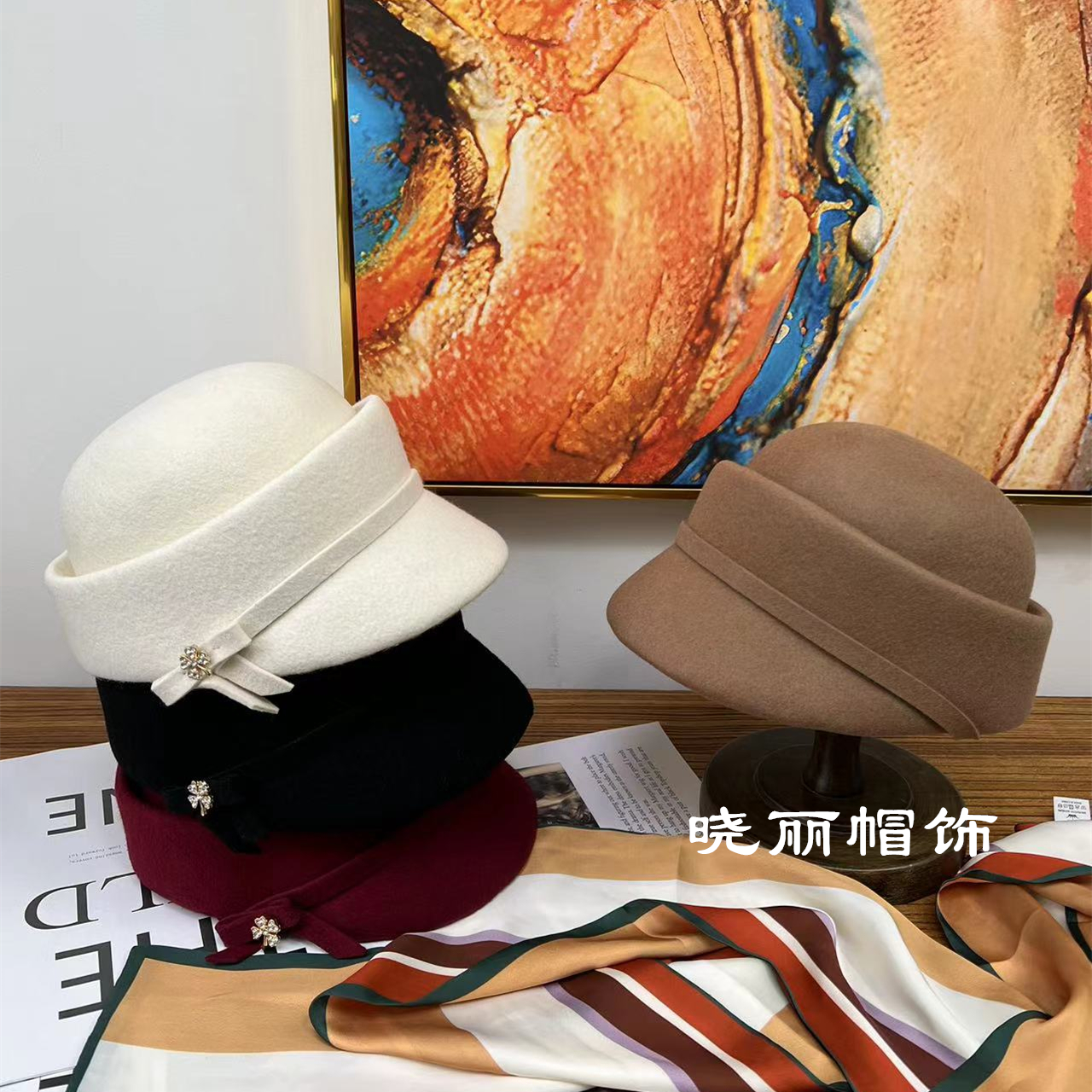 晓丽家 秋冬澳毛名媛气质时尚百搭经典蝴蝶结纯色八角帽马术帽