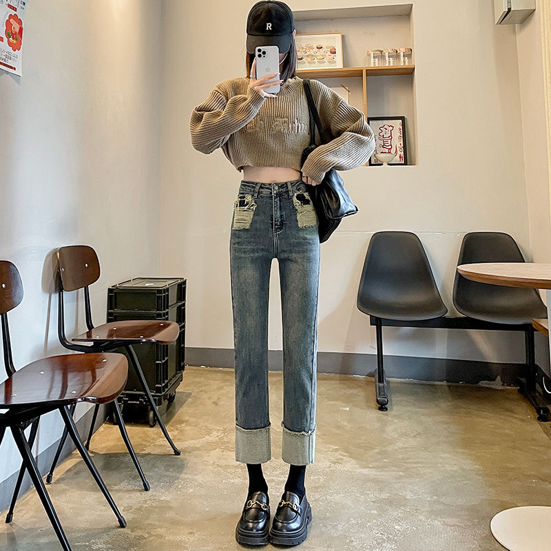 烟管裤女高腰显瘦卷边百搭秋季小个子直筒牛仔裤爆款2024款九分裤