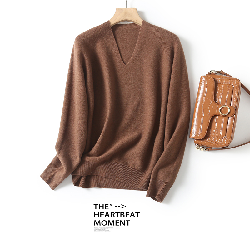 【100%绵羊毛数兰朵无拼接缝厚款100羊毛套头针织衫 女士V领长袖