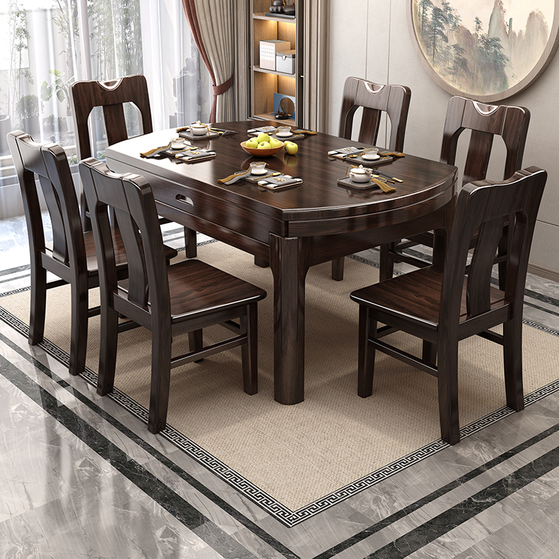 广东实木新中式紫金檀木餐桌椅多功能方圆长方形吃饭桌子餐厅家用