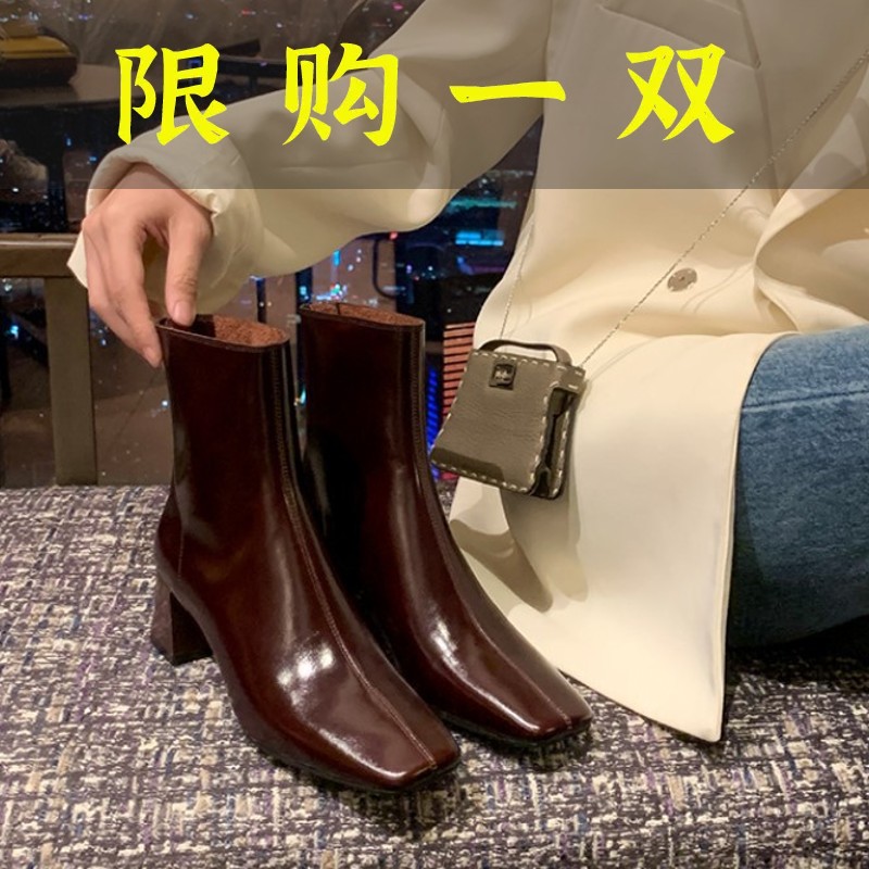 百丽纯爱法式真皮酒红色短靴女优雅方头粗高跟复古时装瘦瘦靴子