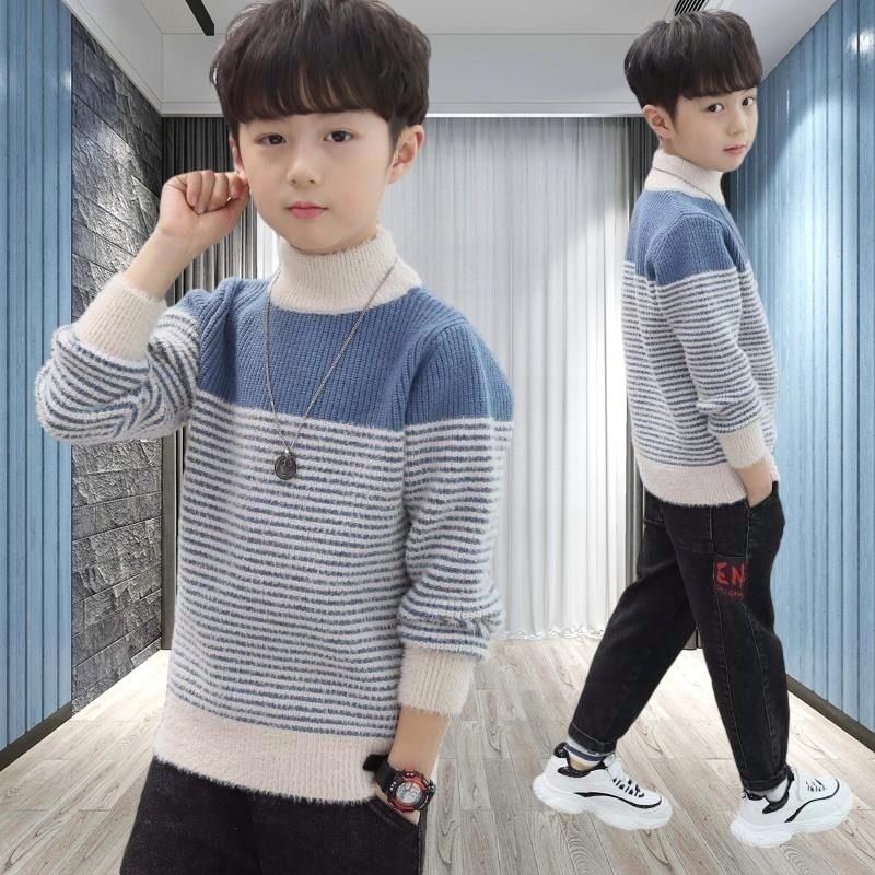 儿童毛衣男童水貂绒新款加厚冬季高领打底衫洋气中大童条纹毛衫