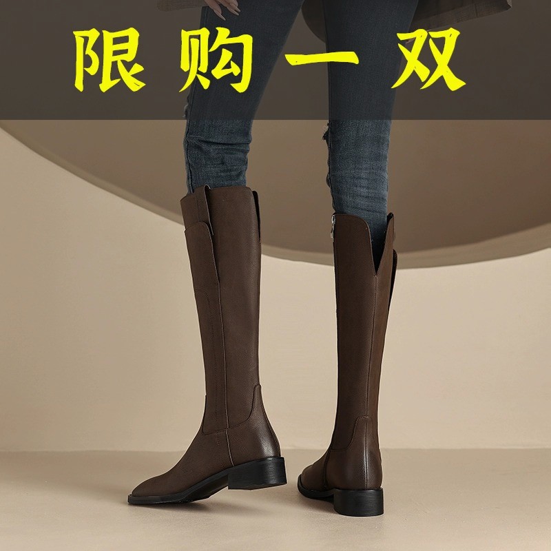 红蜻蜓牌真皮粗跟骑士长靴过膝长筒女鞋2023秋冬季复古方头百搭