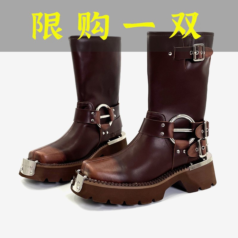 红蜻蜓牌方头厚底西部牛仔靴秋冬新款小众粗跟皮带扣中筒靴复古