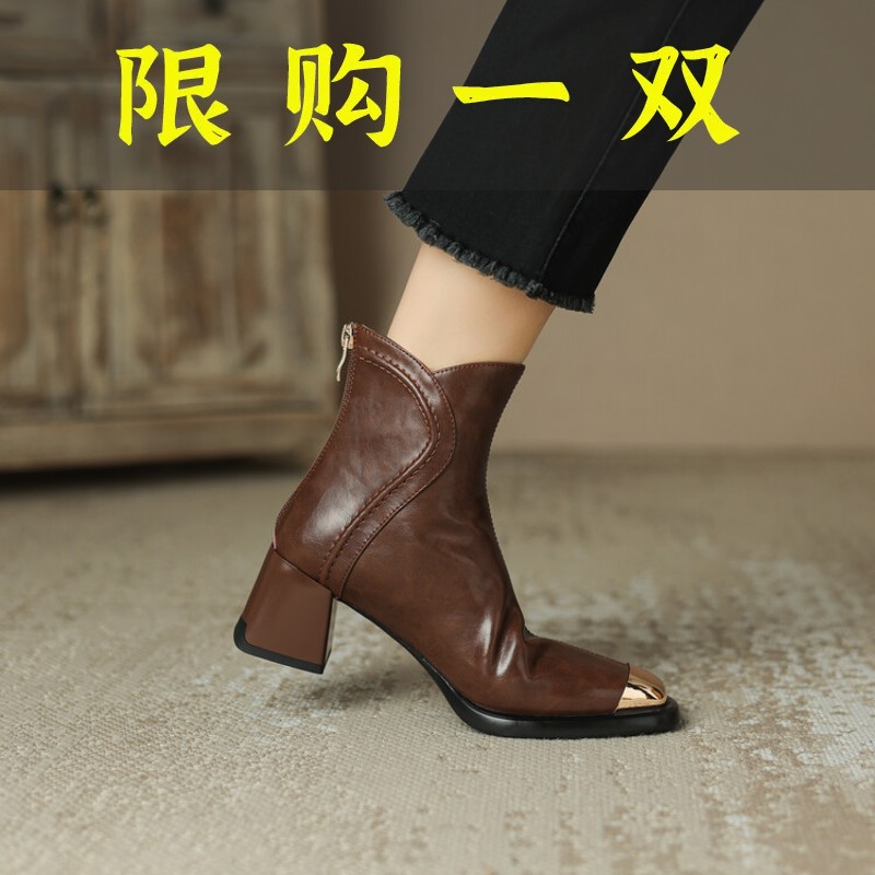 红蜻蜓牌跟高5.5cm/鞋码34-40/秋冬新款粗跟短靴高跟方头真皮短