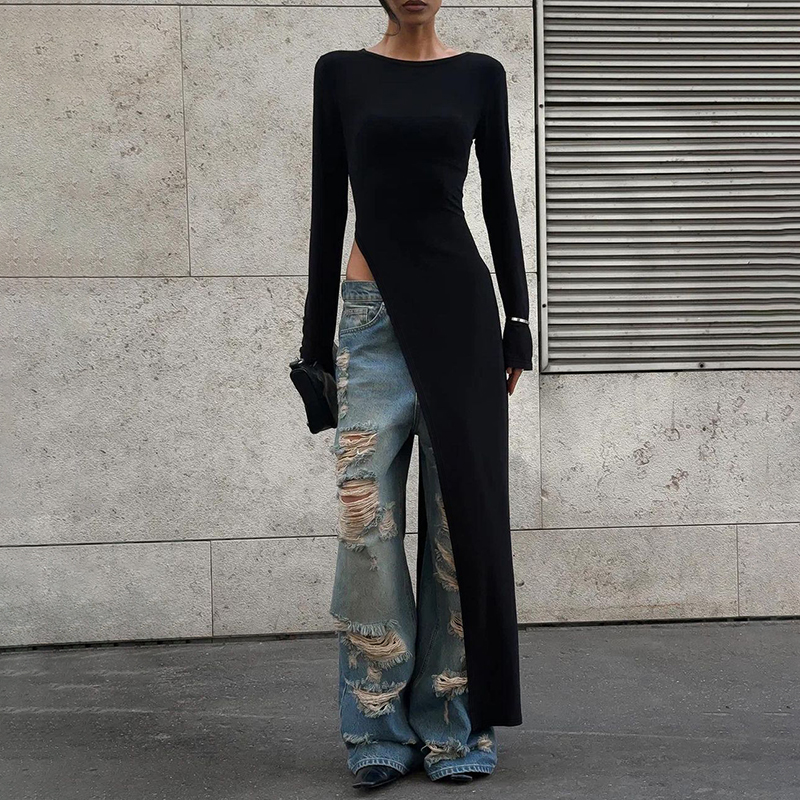 【韩系穿搭】美式辣妹开叉中长女士气质上衣长袖设计感日常通勤上衣