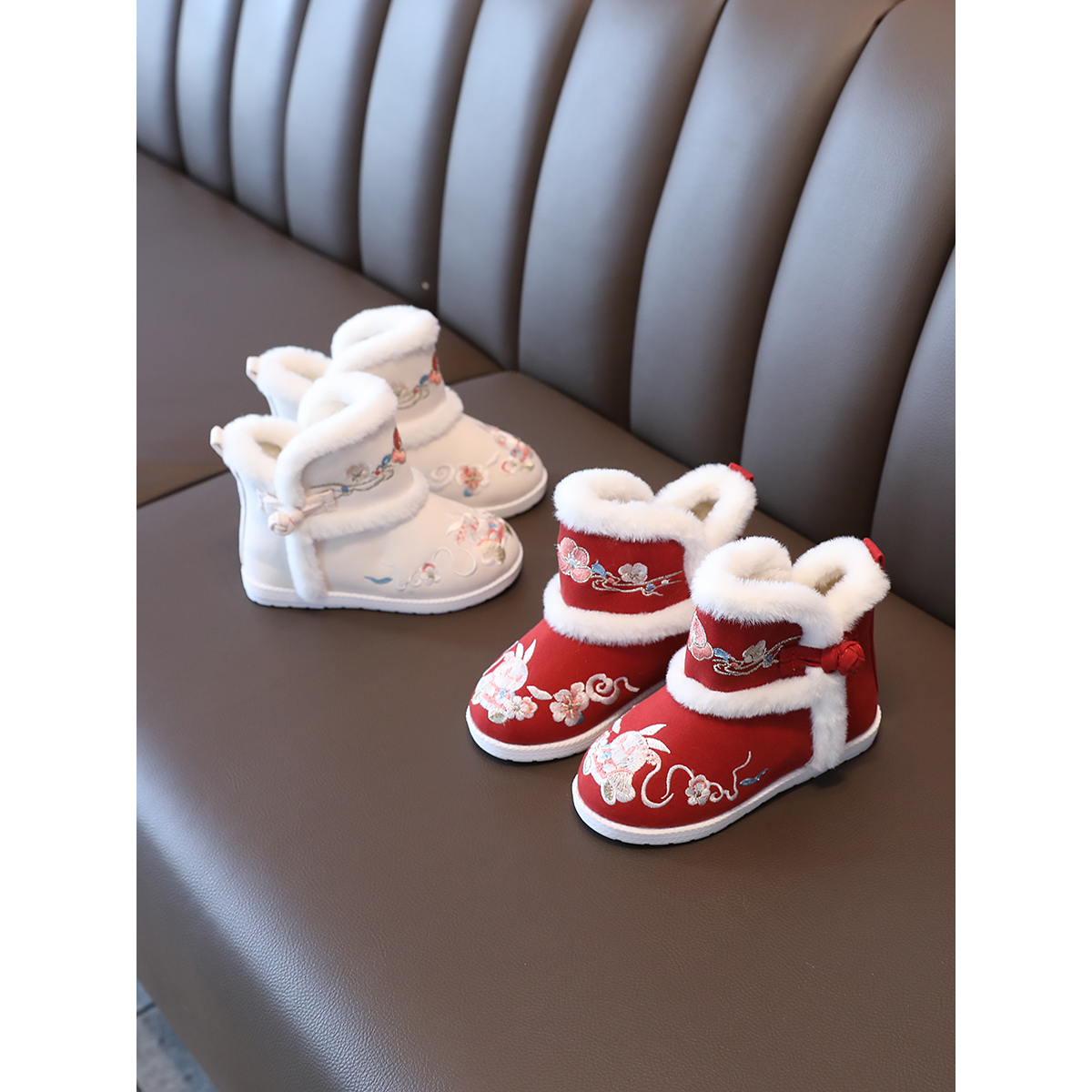 巴布豆汉服绣花鞋女童马面裙加绒棉鞋中国风年服鞋新年鞋儿童靴子