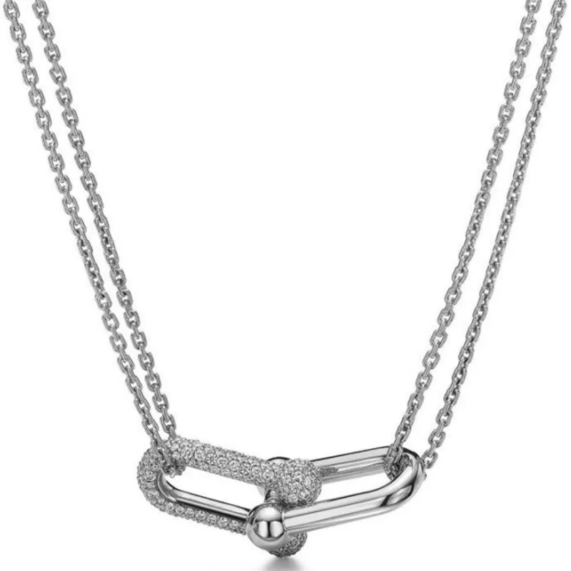 铜合金合成锆石项链 铜合金项链 马蹄扣系列小香风银色镂空轻奢