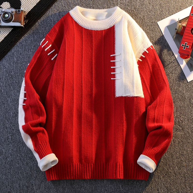 2024秋冬新款潮流青少年毛衣男款针织衫猫须做旧时尚休闲宽松圆领