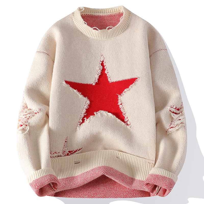 2025秋冬新款潮流青少年毛衣男款针织衫猫须做旧时尚休闲宽松圆领