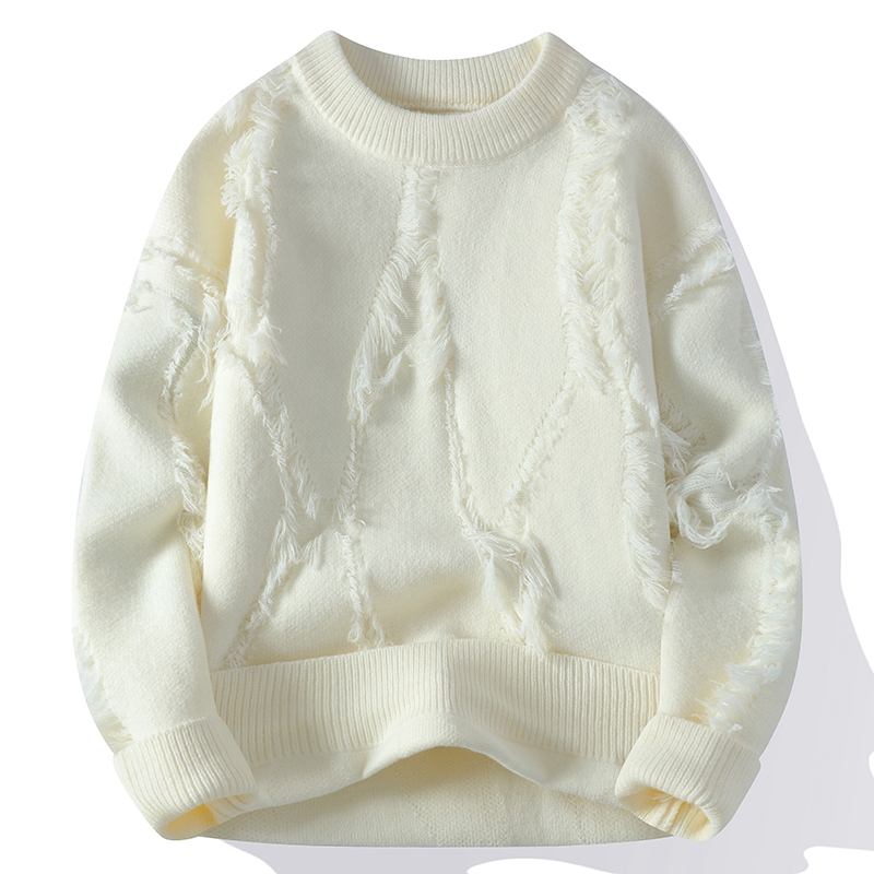 2024冬季新款厚款毛衣男时尚毛须潮流圆领男毛衣针织百搭个性破洞