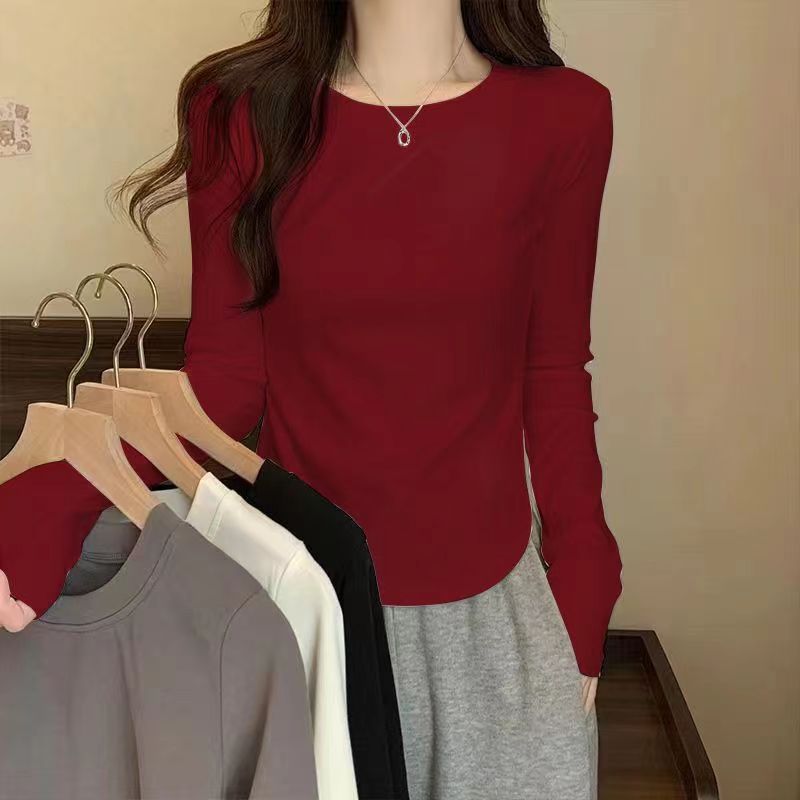 秋款 百搭长袖圆领正肩打底衫弧形收腰显瘦休闲T恤上衣女16029