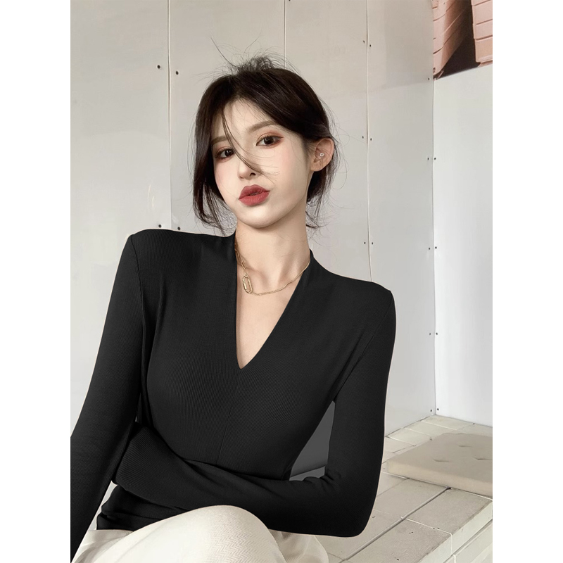 性感套头纯色T恤紧身弹力内搭时尚修身打底衫V领长袖高腰上衣女秋