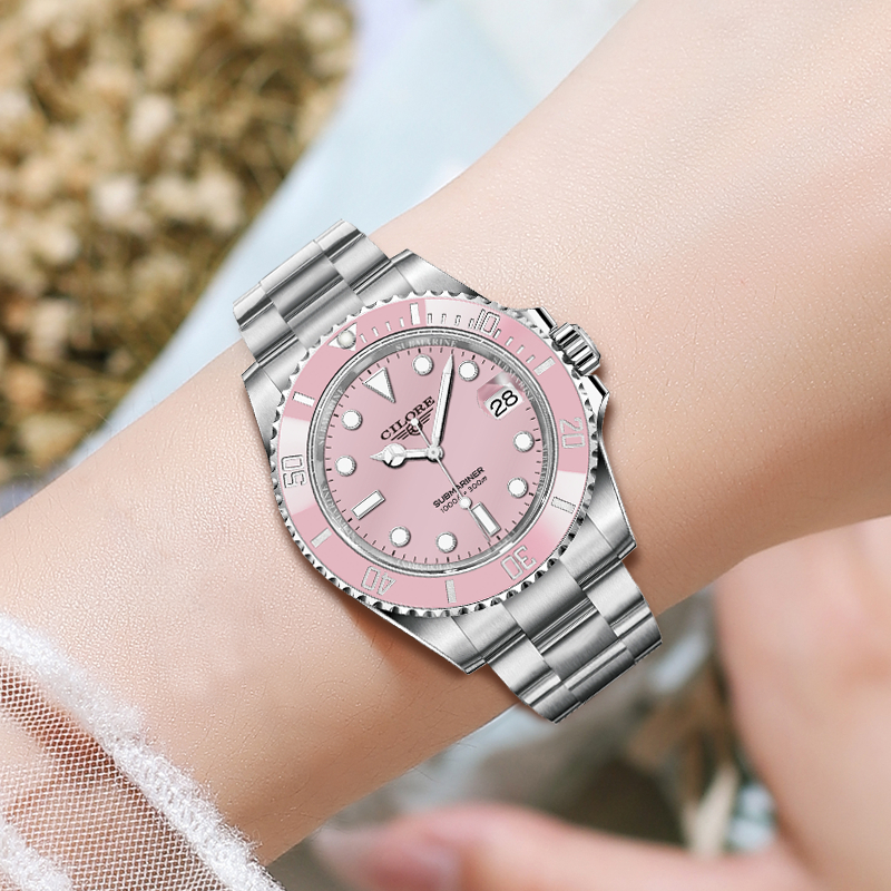 气质女款全自动机械表日历+陶瓷圈（小红）