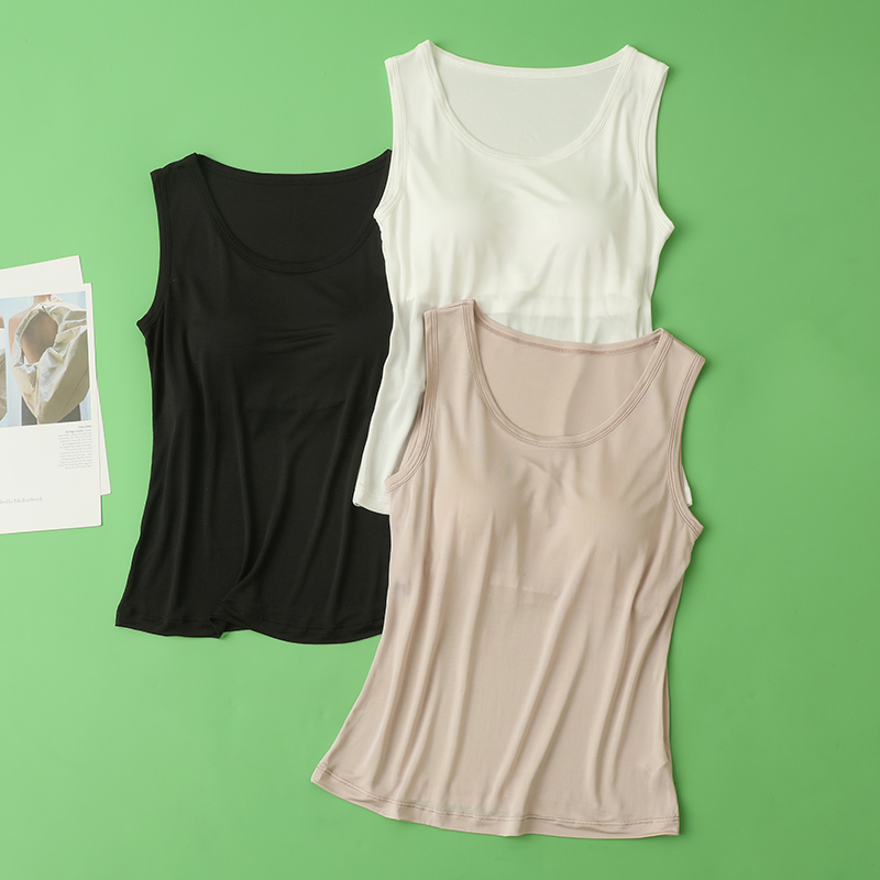 32针织100%桑蚕丝真丝免穿内衣带胸垫背心女T恤打底上衣夏季薄款