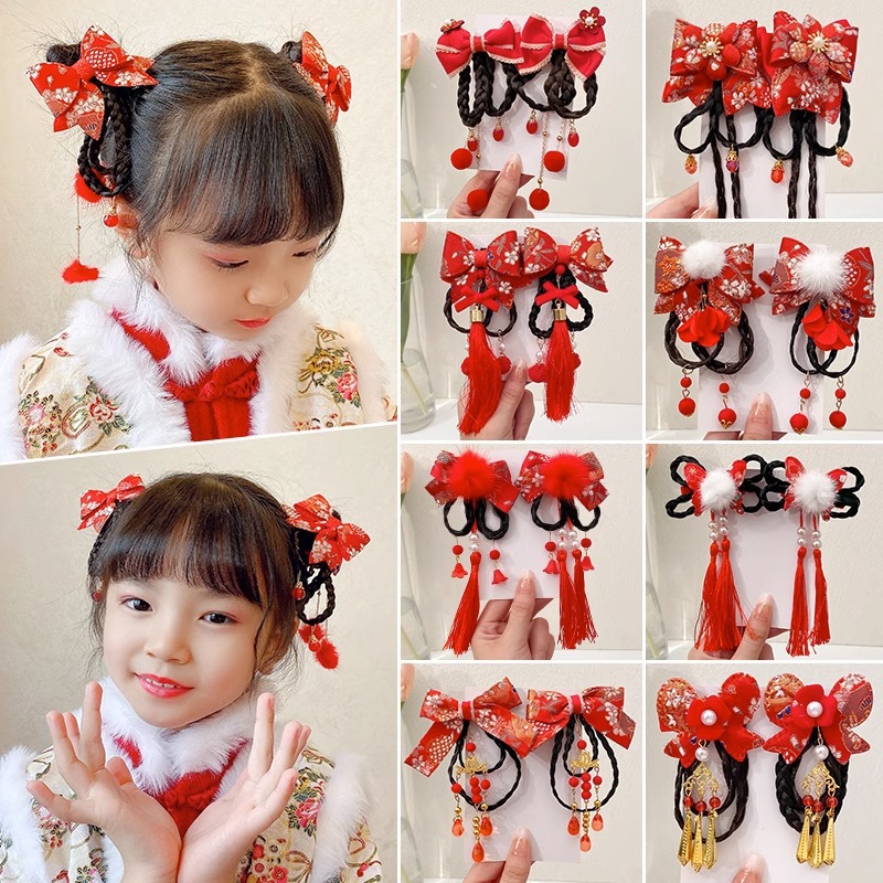 中国风新年发夹过年发饰女童假发蝴蝶结拜年发卡喜庆儿童发夹儿童