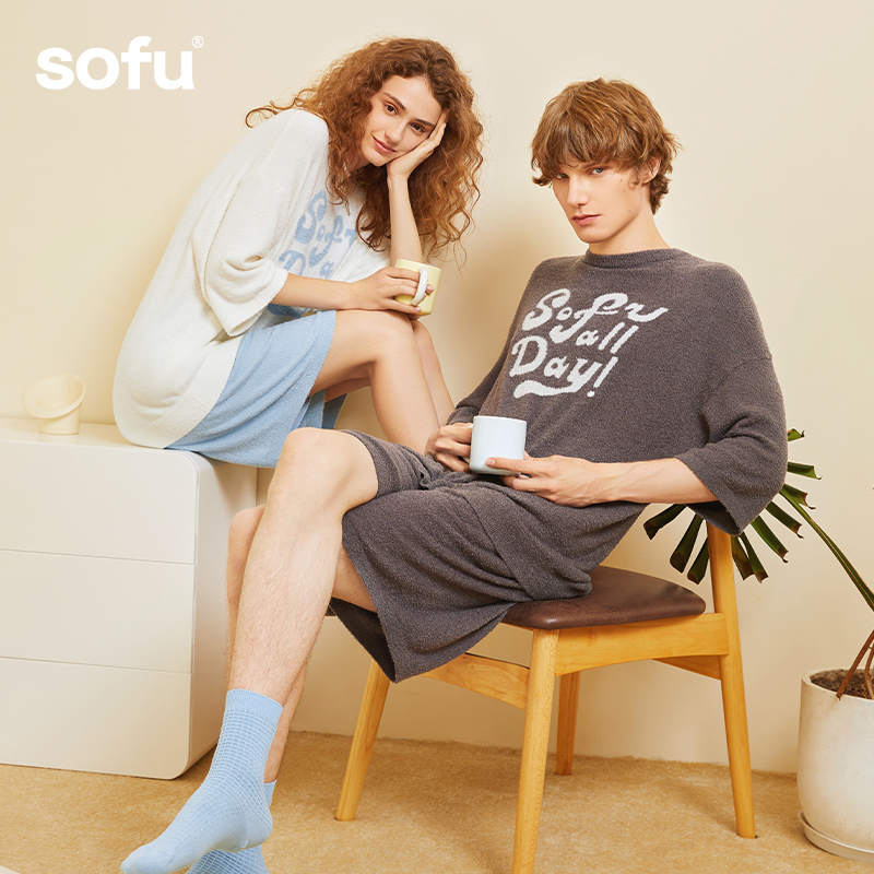 sofu舒工坊凉感半边绒冰丝情侣短袖家居服套装男女同款2023新款