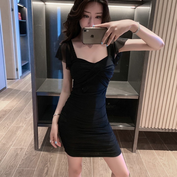 夜店低胸网纱包臀短裙夜场工作服性感桑拿技师上班衣服短袖连衣裙