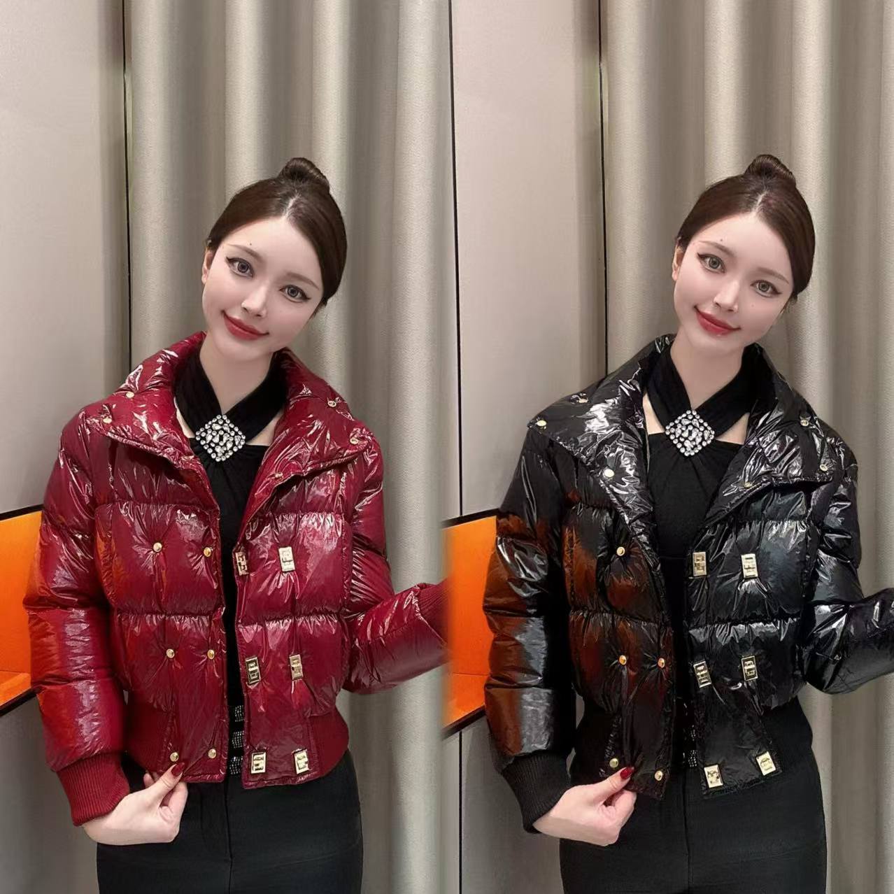 【复古港风】秋冬立领夹棉亮面双排扣修身短外套时尚百搭显瘦保暖女