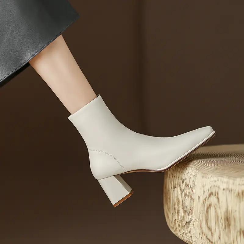 牛皮瘦瘦靴/5.5厘米/粗跟显瘦小方头百搭真皮显瘦秋冬季女靴子