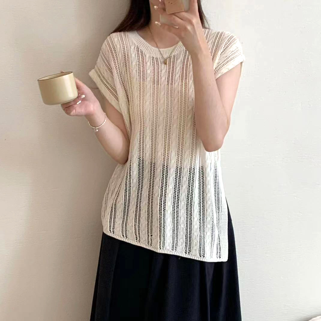 小个子镂空斜边无袖针织上衣2024夏季百搭短袖罩衫女洋气好看小衫