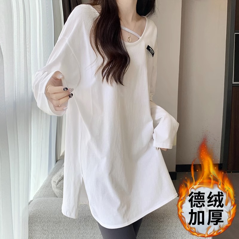春秋设计感白色V领打底衫女内搭长袖T恤中长款遮屁股微胖锁骨上衣