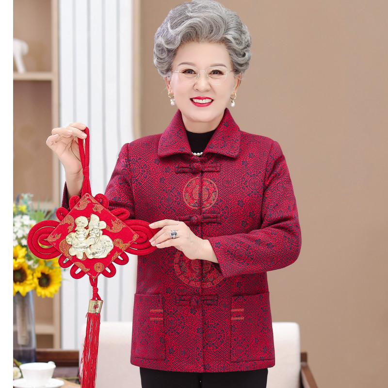 中老年妈妈春秋外套中国风唐装款盘扣毛呢外套生日寿服老年人秋装