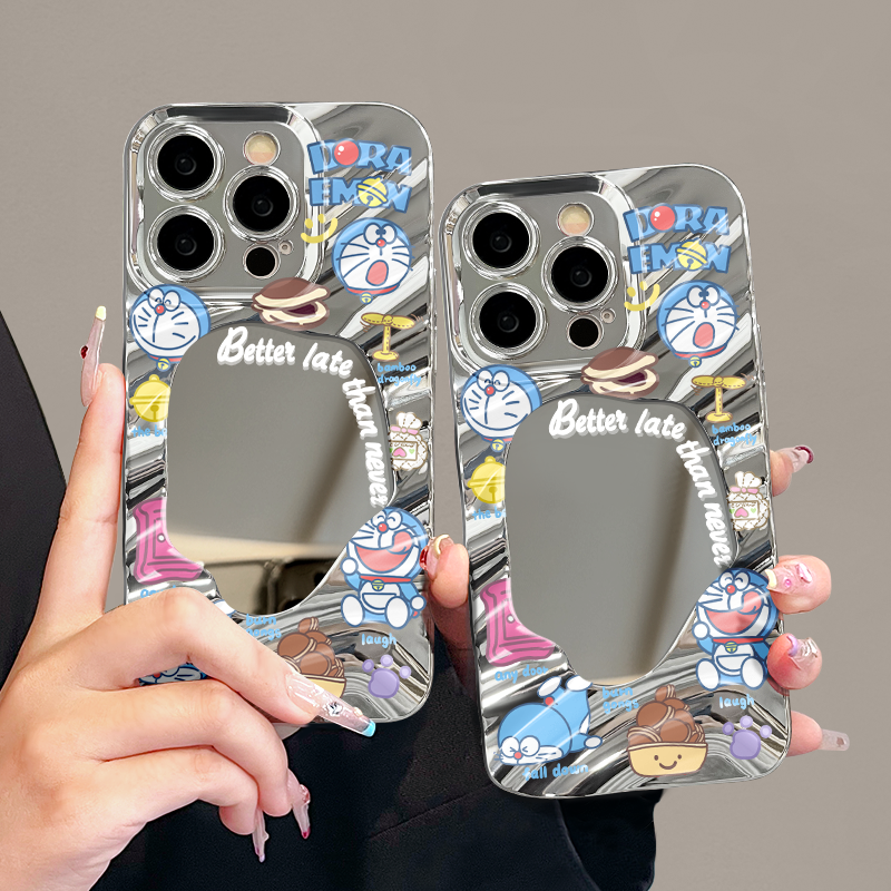 适用苹果系列iPhone15铜锣烧电镀mate60pro波纹镜子机器猫手机壳