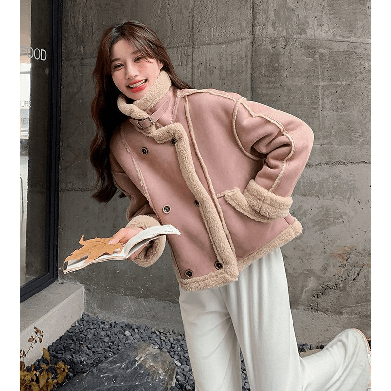 宽松版皮毛一体羊羔绒机车外套短款秋冬新款2024小个子加厚1801